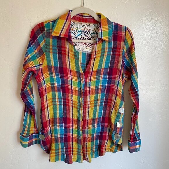 Soft Surroundings Gauzy Plaid Rainbow Oversized Button Down Shirt Petite Small - Picture 2 of 9